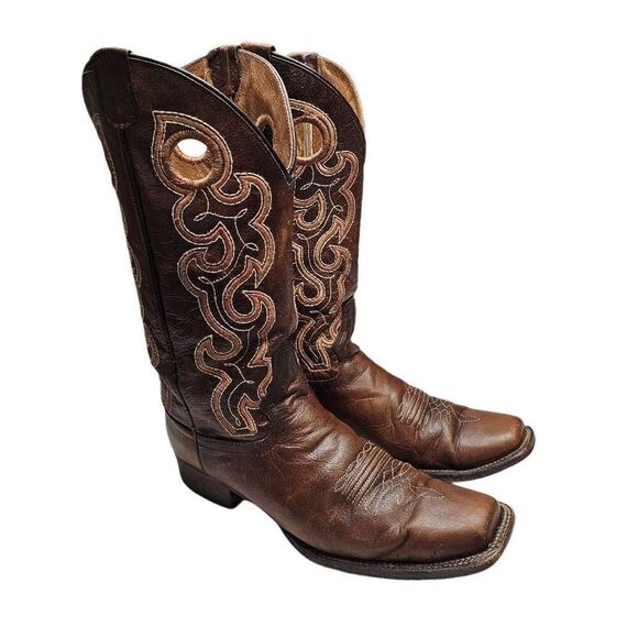 Shoes - Circle G Womens Cutout Embroidery Cognac Brown Square Toe Boots Made in Mexico